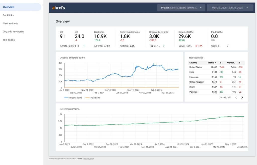 Un esempio del cruscotto del rapporto SEO di Ahrefs