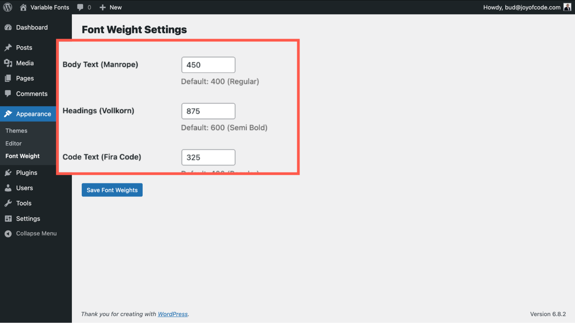 New font weights settings page in the WordPress admin dashboard.