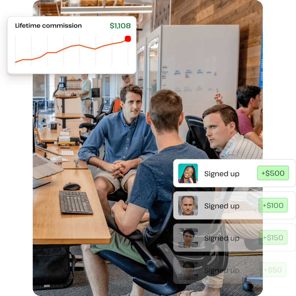 Group of people discussing in a modern agency office with a rising graph in the background, symbolizing growth in affiliate earnings.
