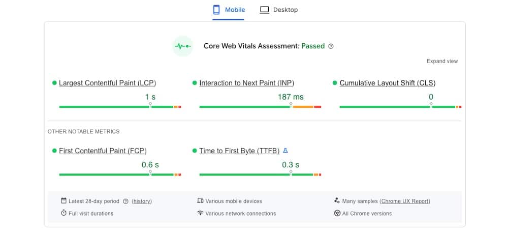Core Web Vitals test