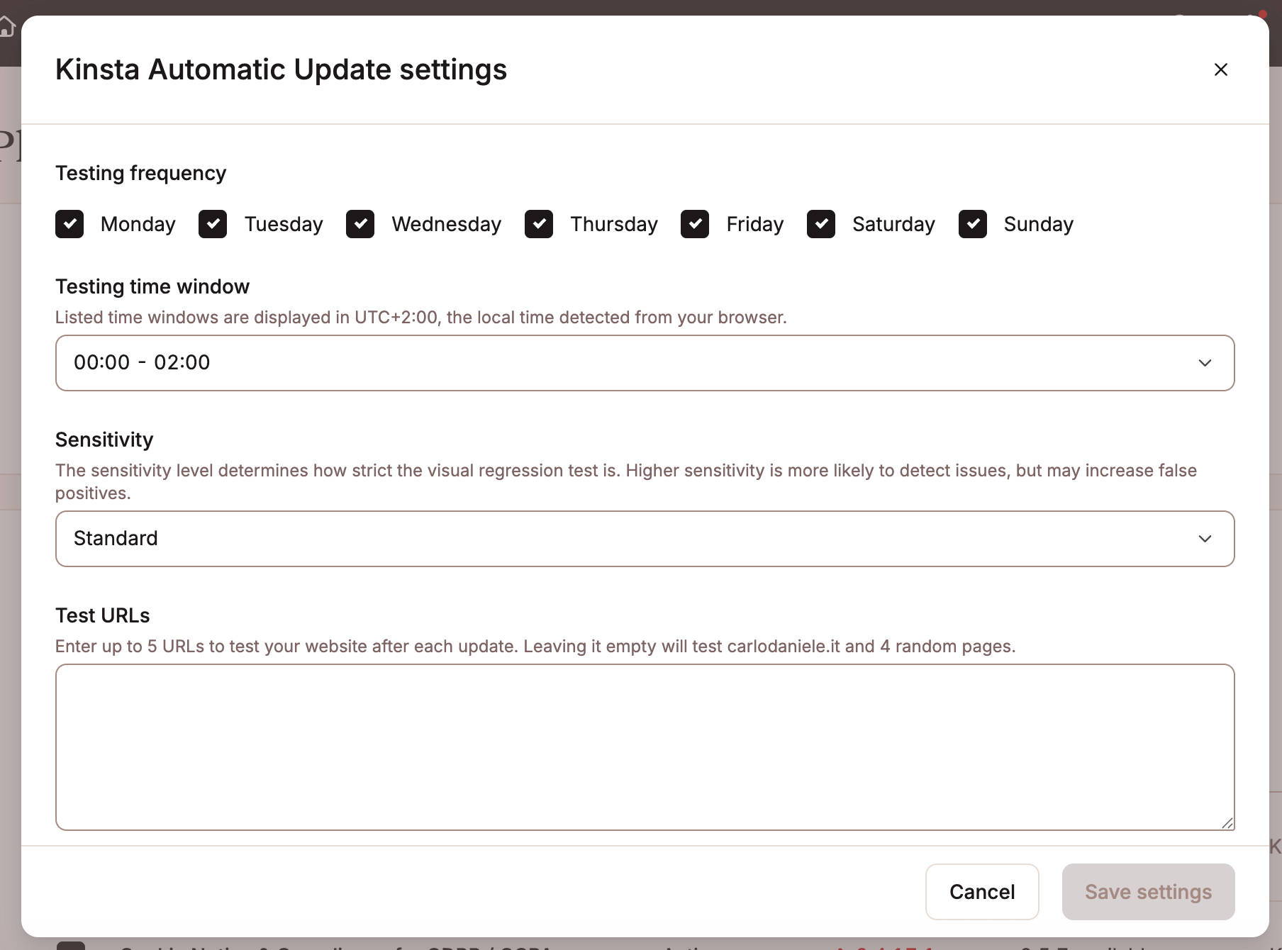 Kinsta Automatic Update settings