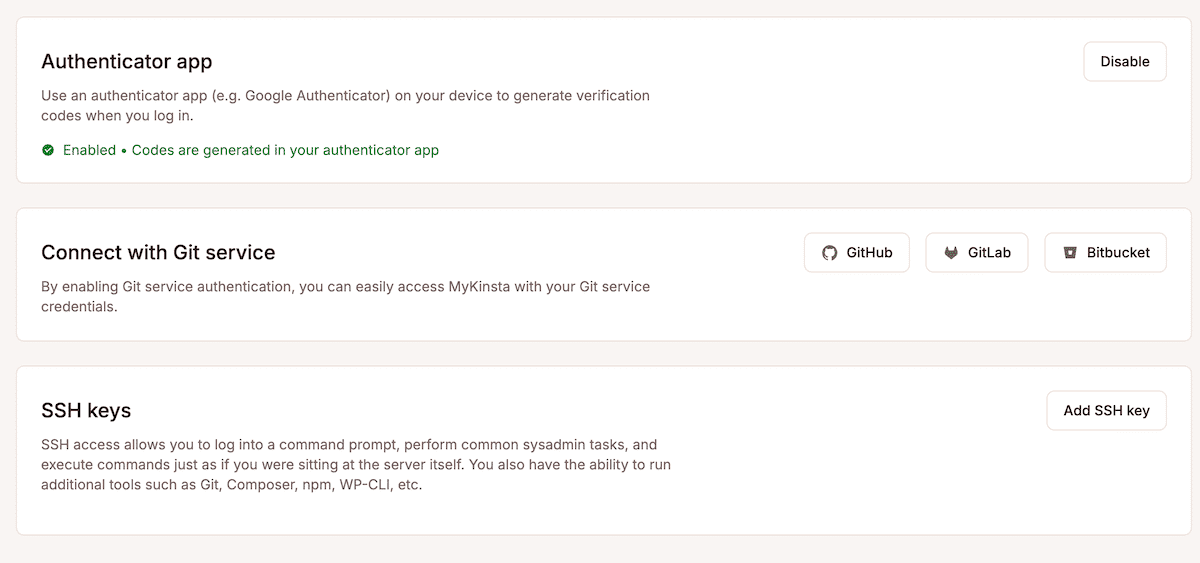 A imagem do painel do MyKinsta mostra o painel do Authenticator dentro das Configurações do Usuário. Há também painéis para conexão com o Git e chaves SSH.