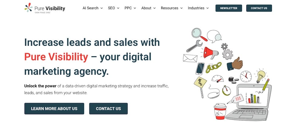 De homepage van Pure Visibility