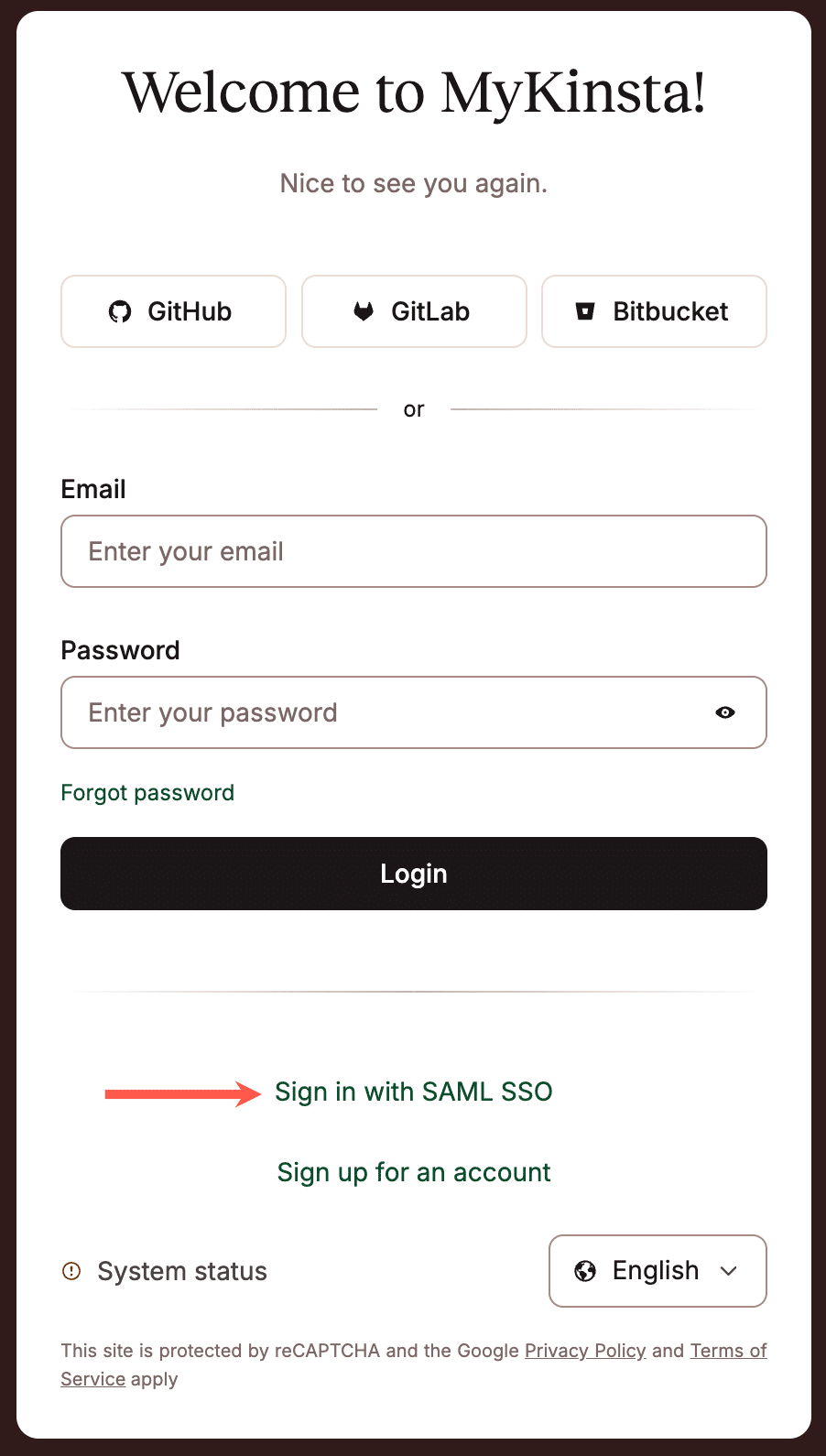 Inicia sesión en MyKinsta con SAML SSO.