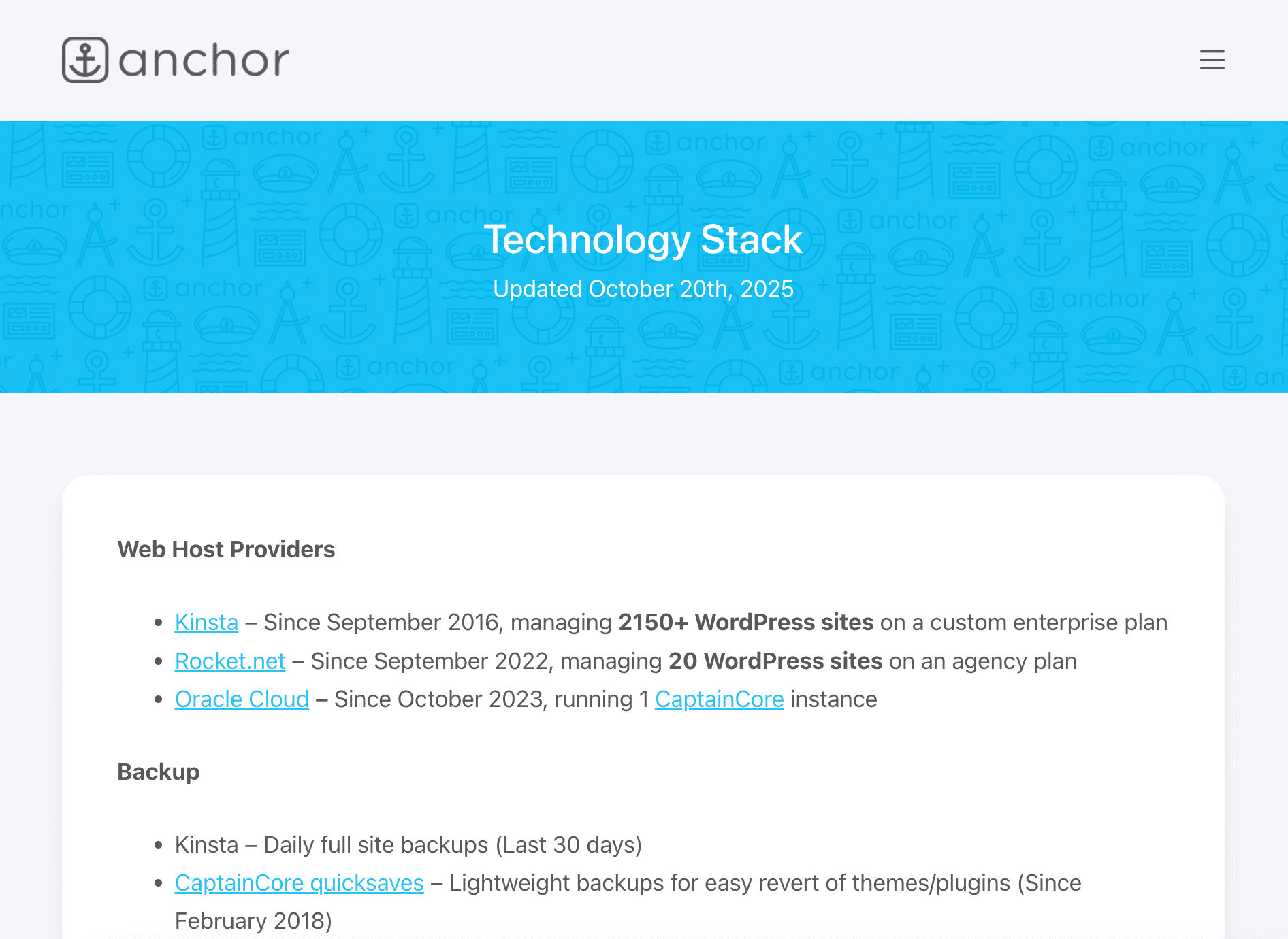 Stack tecnológica da Anchor Hosting