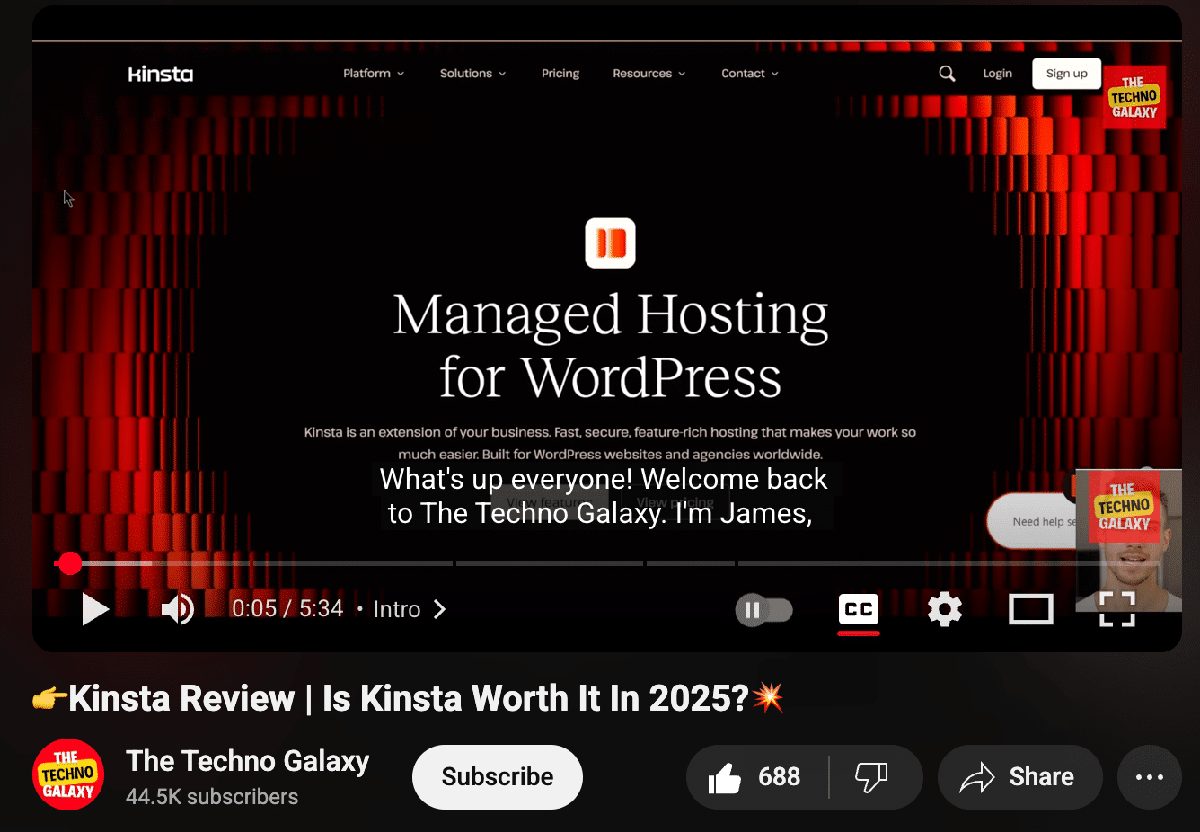 Avaliação em vídeo da Kinsta pela The Techno Galaxy