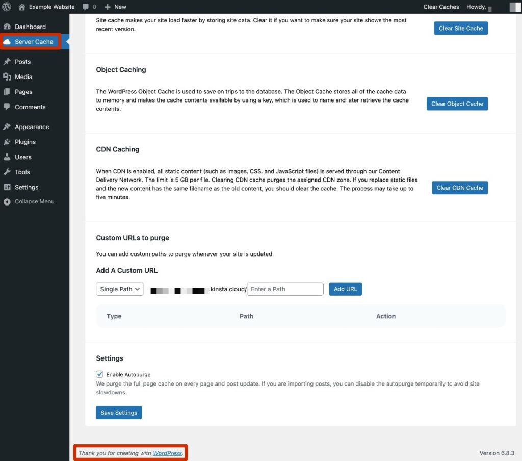 Het WordPress-dashboard met ingeschakelde white-labeling via de Kinsta MU plugin