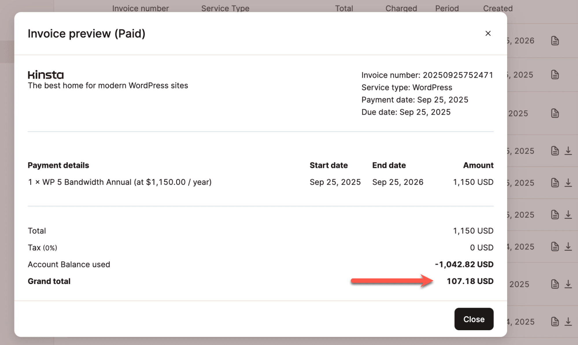 A screenshot showing an invoice following a hosting plan update in MyKinsta.