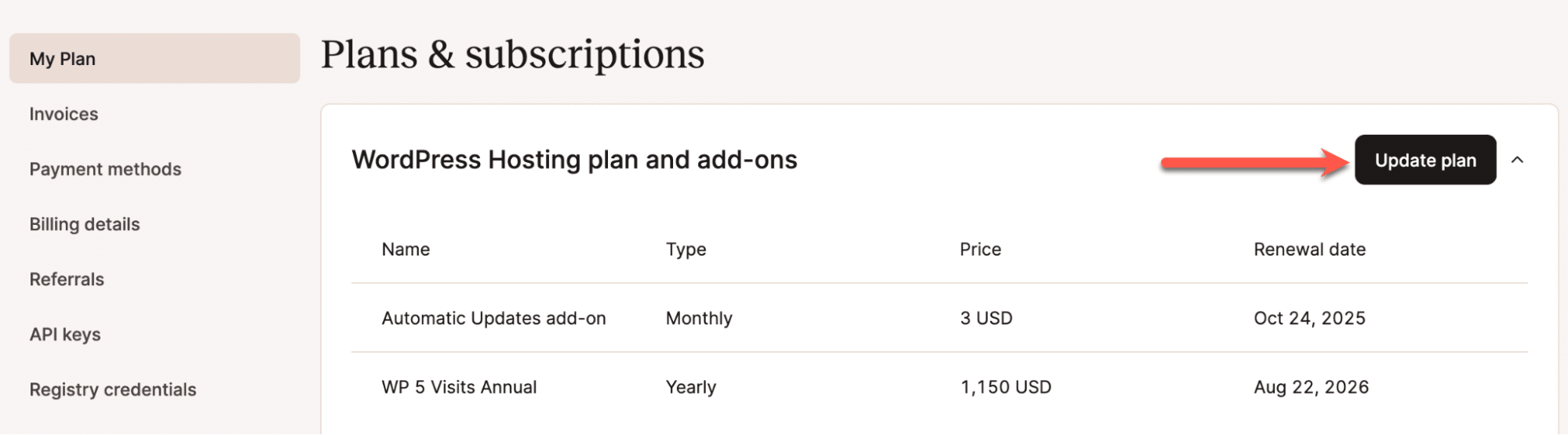 A screenshot showing part of the Plans & subscriptions page in MyKinsta.