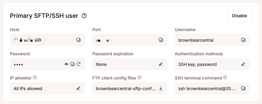 SFTP and SSH access options in MyKinsta