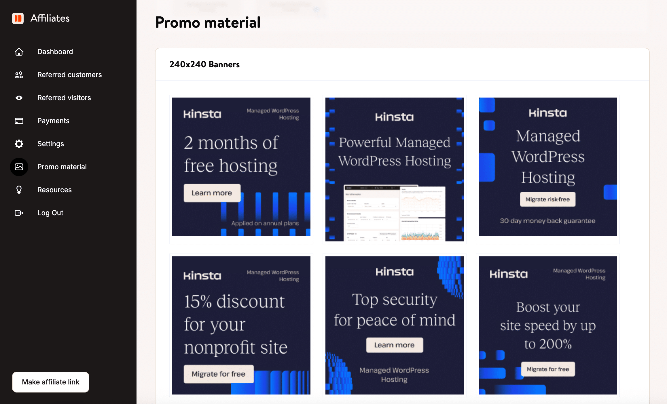 Material promocional de afiliado da Kinsta.