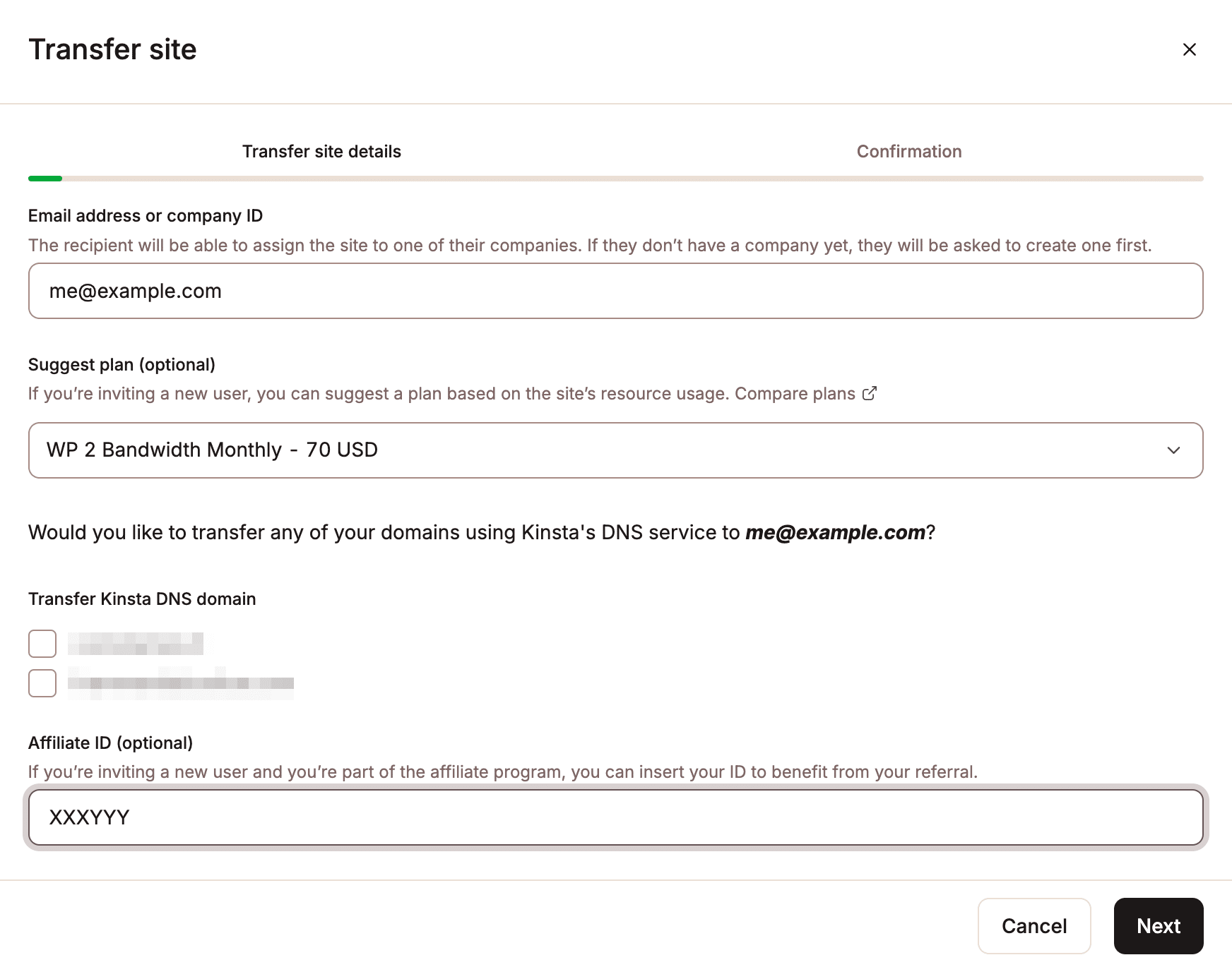 transferir um site para uma conta diferente.