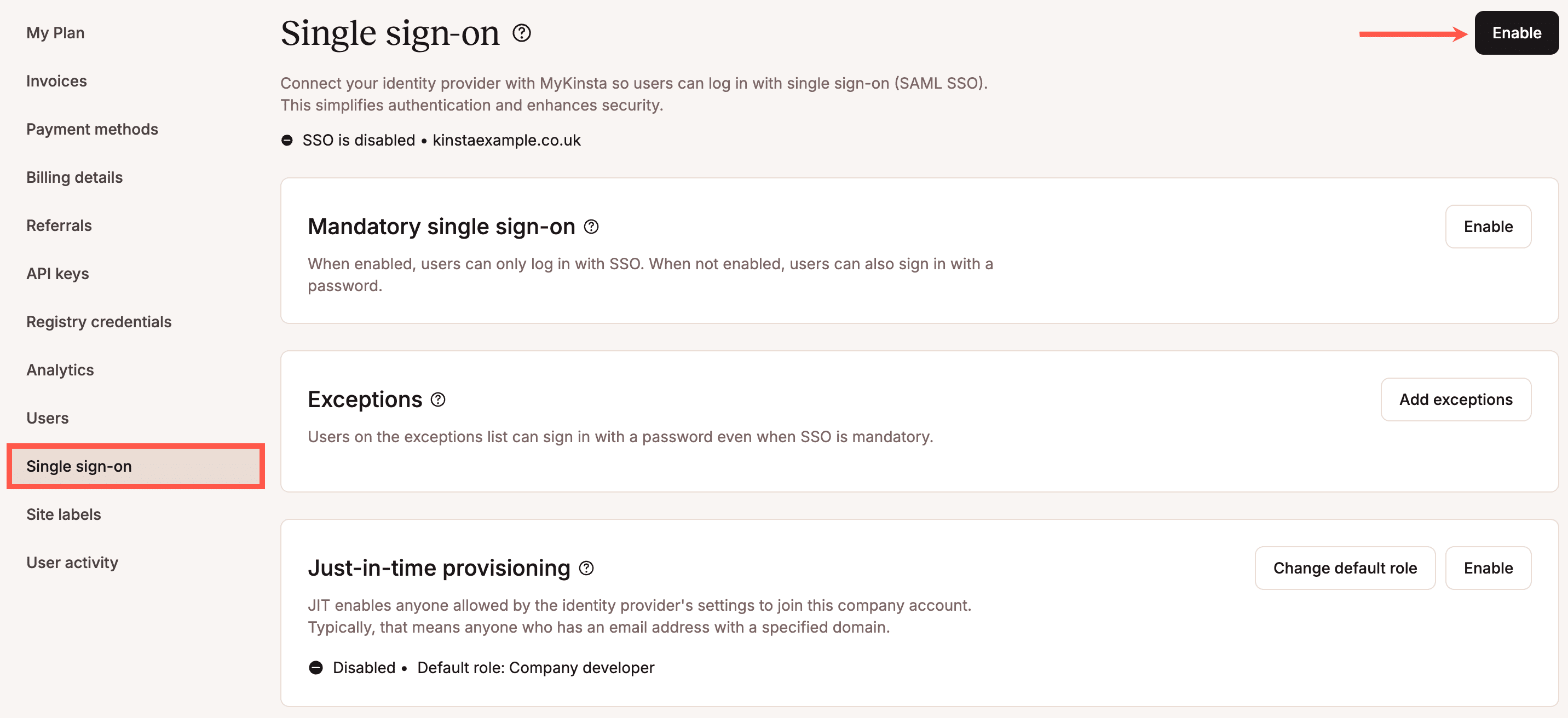 Activar SSO en MyKinsta.