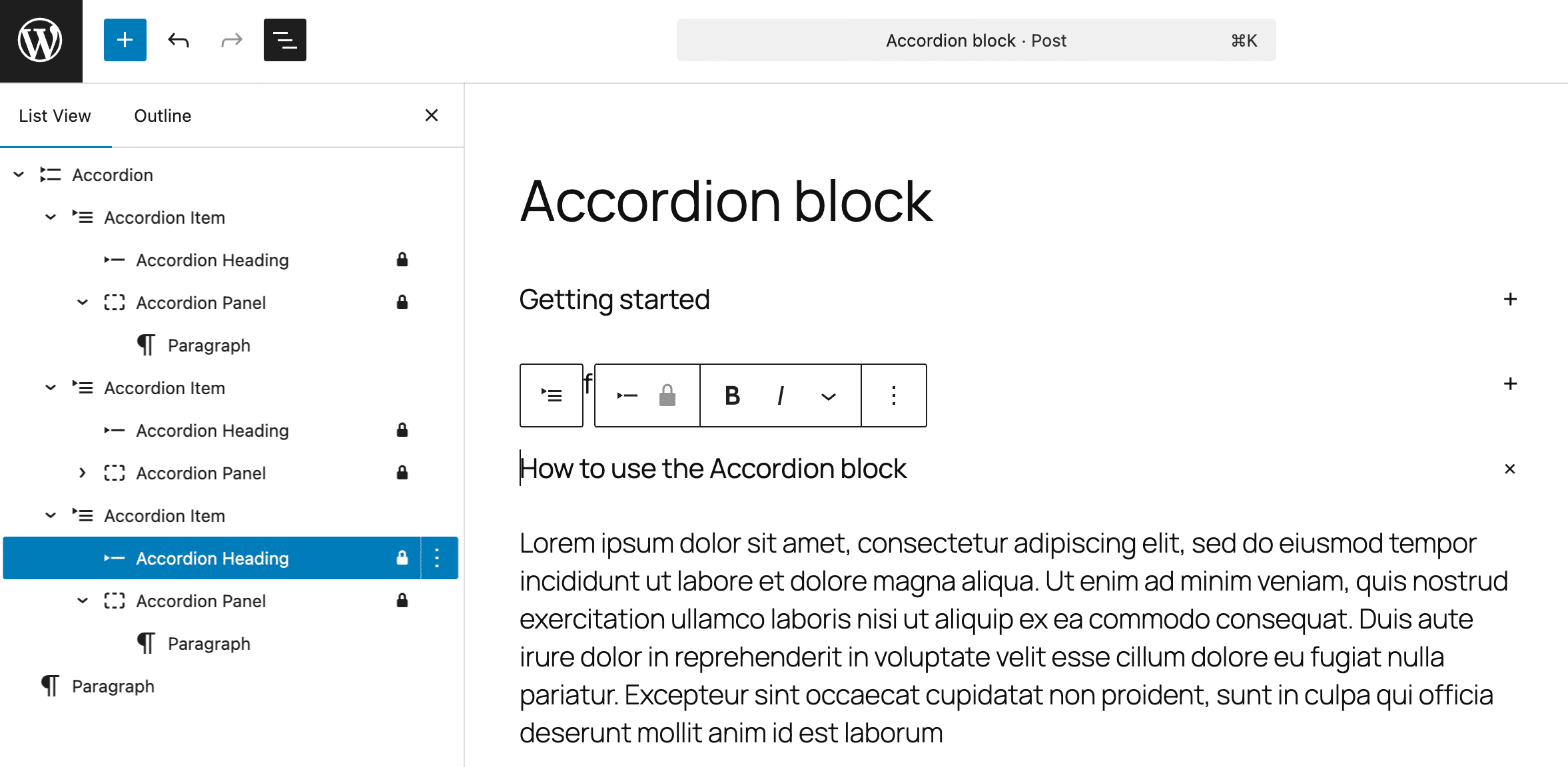 投稿エディターでのアコーディオンブロック構造
