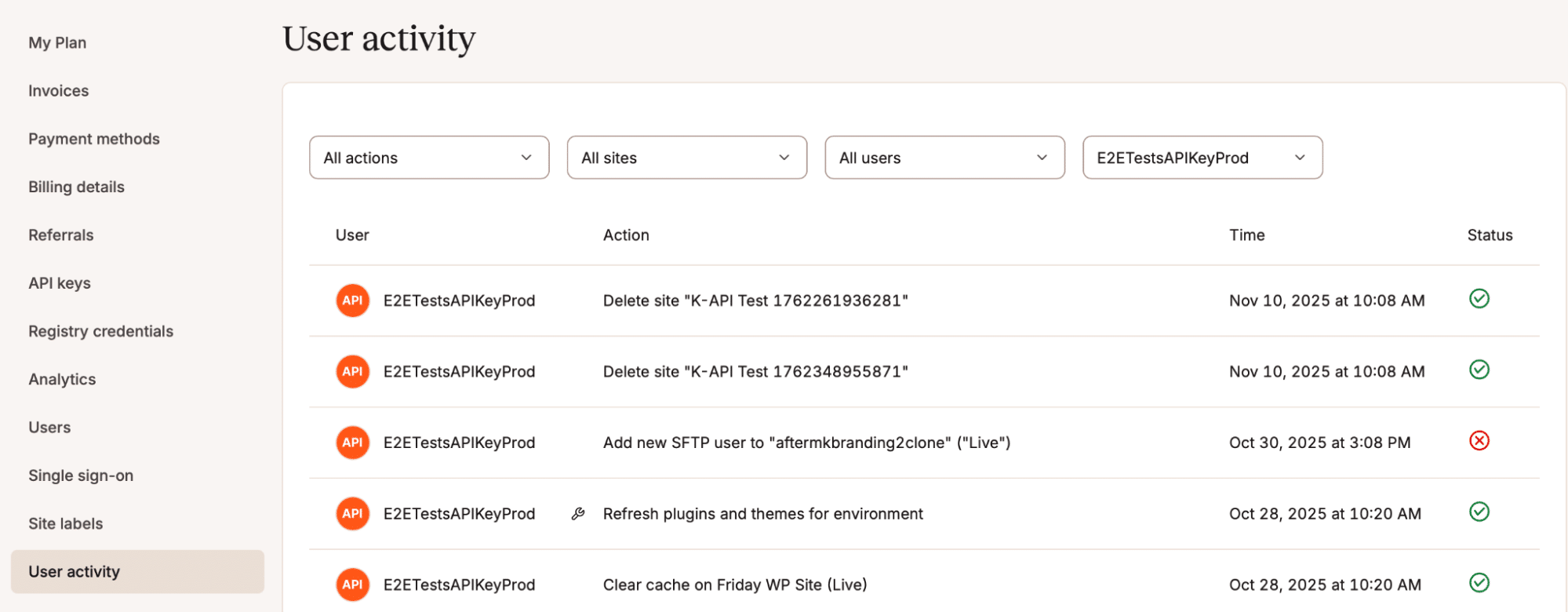 MyKinstaのユーザーの活動画面に表示されるAPIのアクティビティ詳細