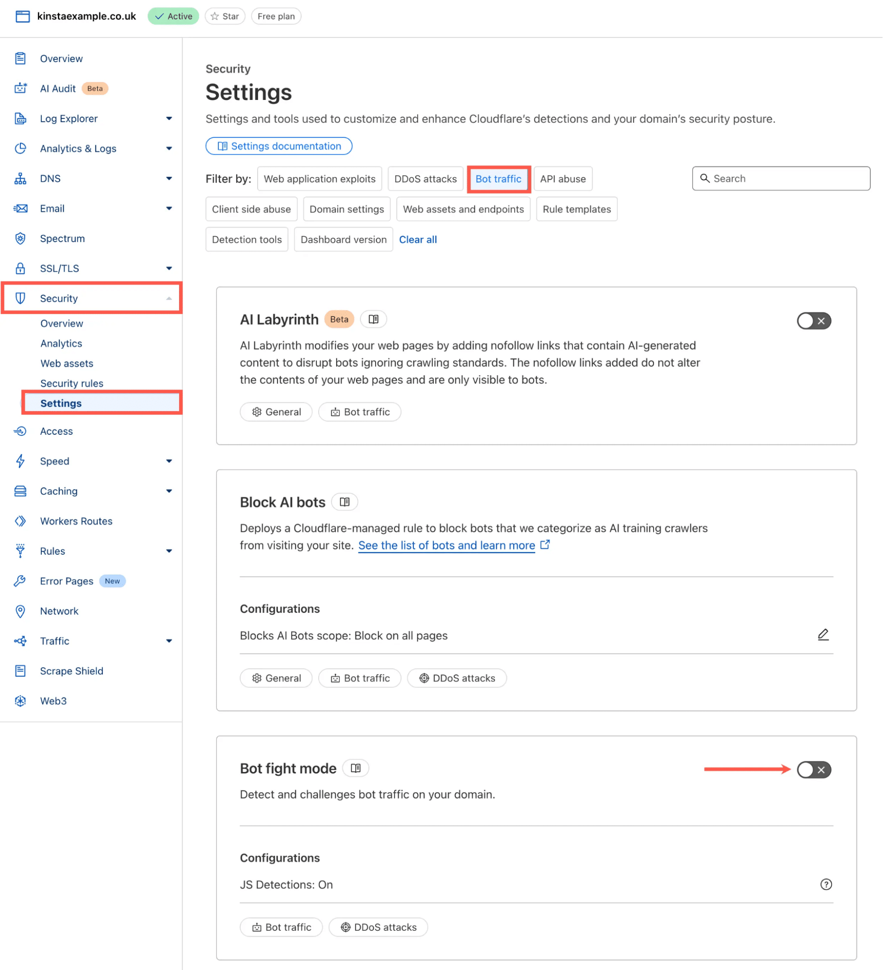 Cloudflare dashboard showing Bot Fight Mode configuration options for enhanced security.