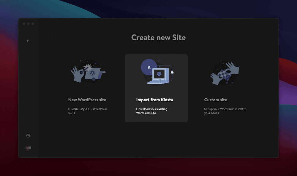 La interfaz de DevKinsta muestra las opciones para crear un nuevo sitio.