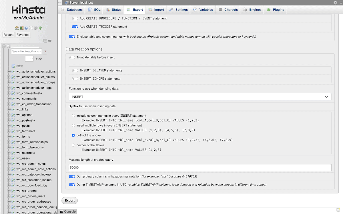 L'interface phpMyAdmin pour un site web Kinsta montrant la boîte de dialogue d'exportation et une liste de tables de base de données.