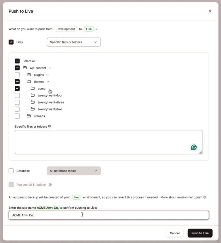 La interfaz Enviar a Producción dentro de MyKinsta.