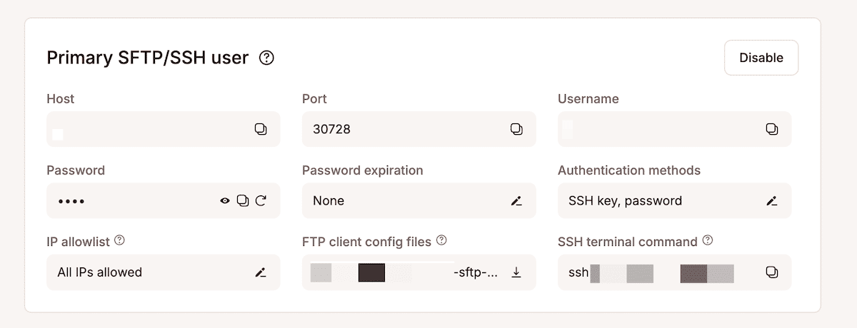 Le panneau de l'utilisateur SFTP/SSH primaire dans MyKinsta.