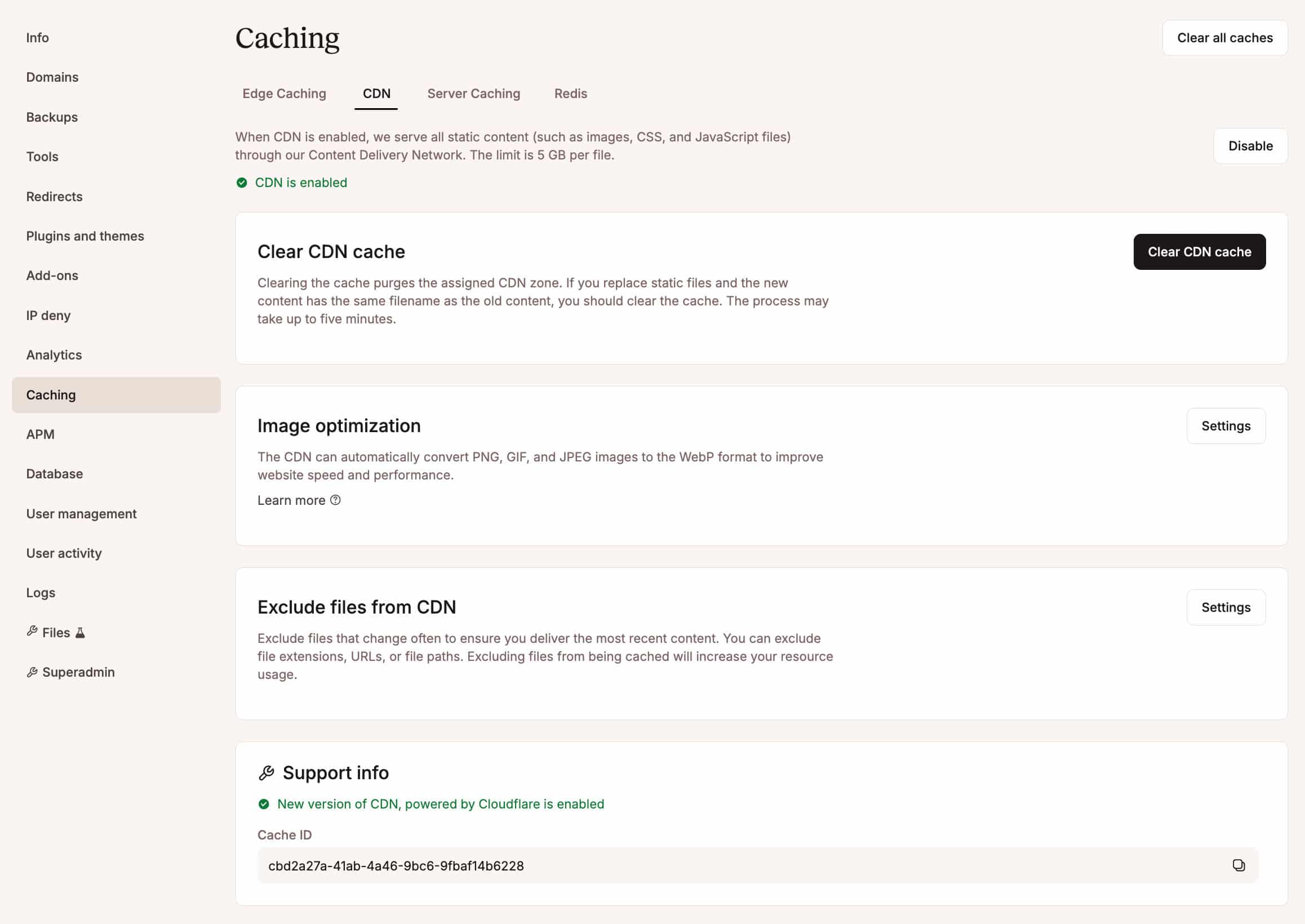 Página de configuración de la caché CDN en MyKinsta