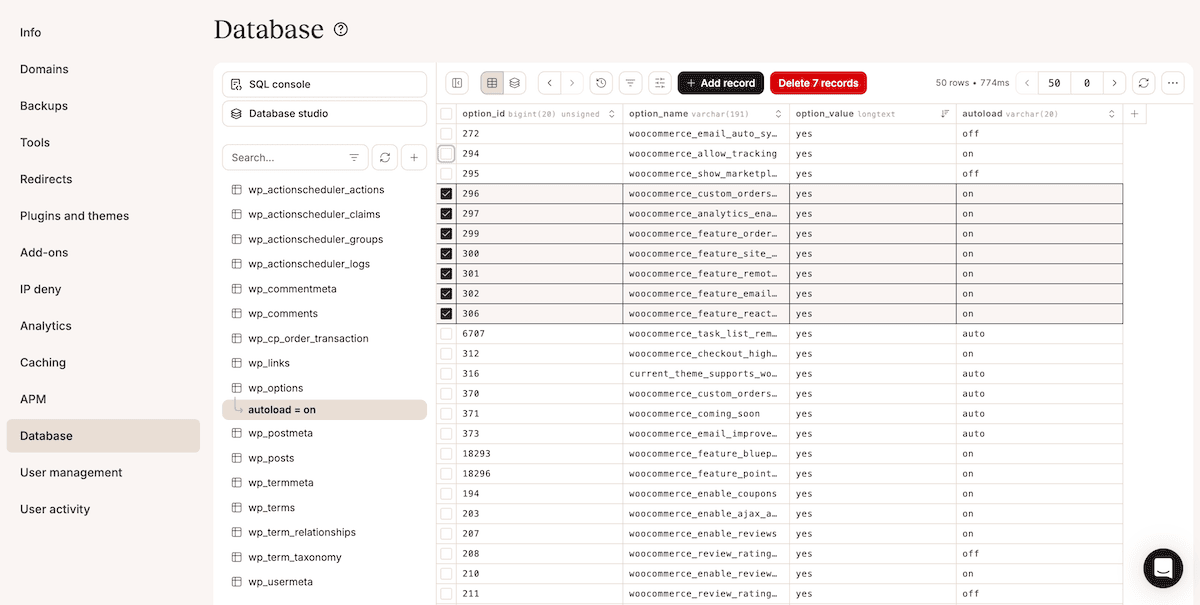 データベーススタジオでwp_optionsテーブルからレコードを削除
