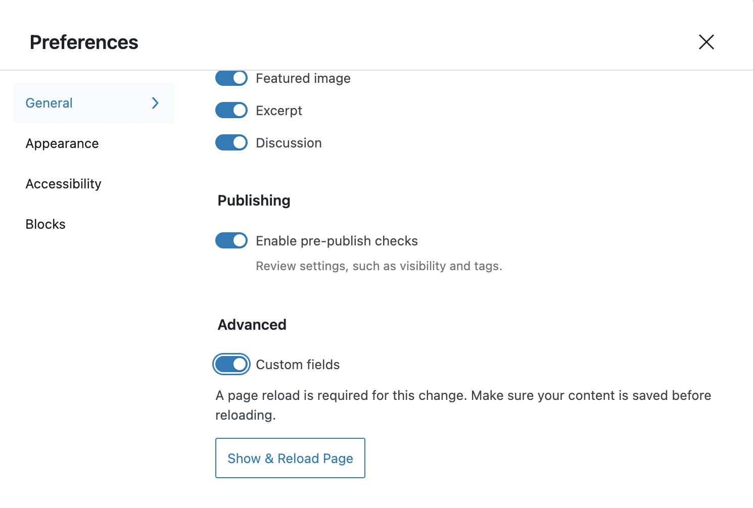 A screenshot of the block editor's preferences.