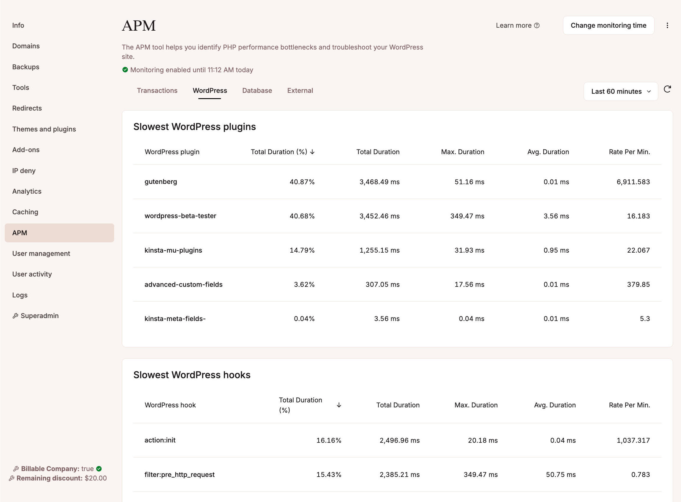 Ferramenta de APM da Kinsta.