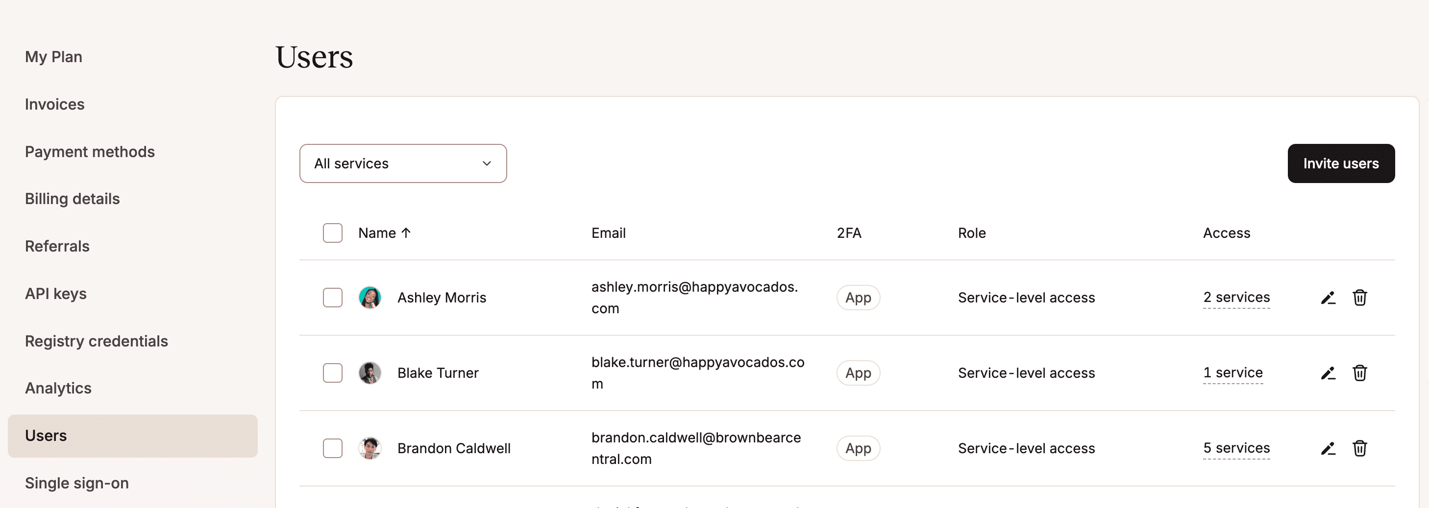 Usuarios de la empresa en MyKinsta