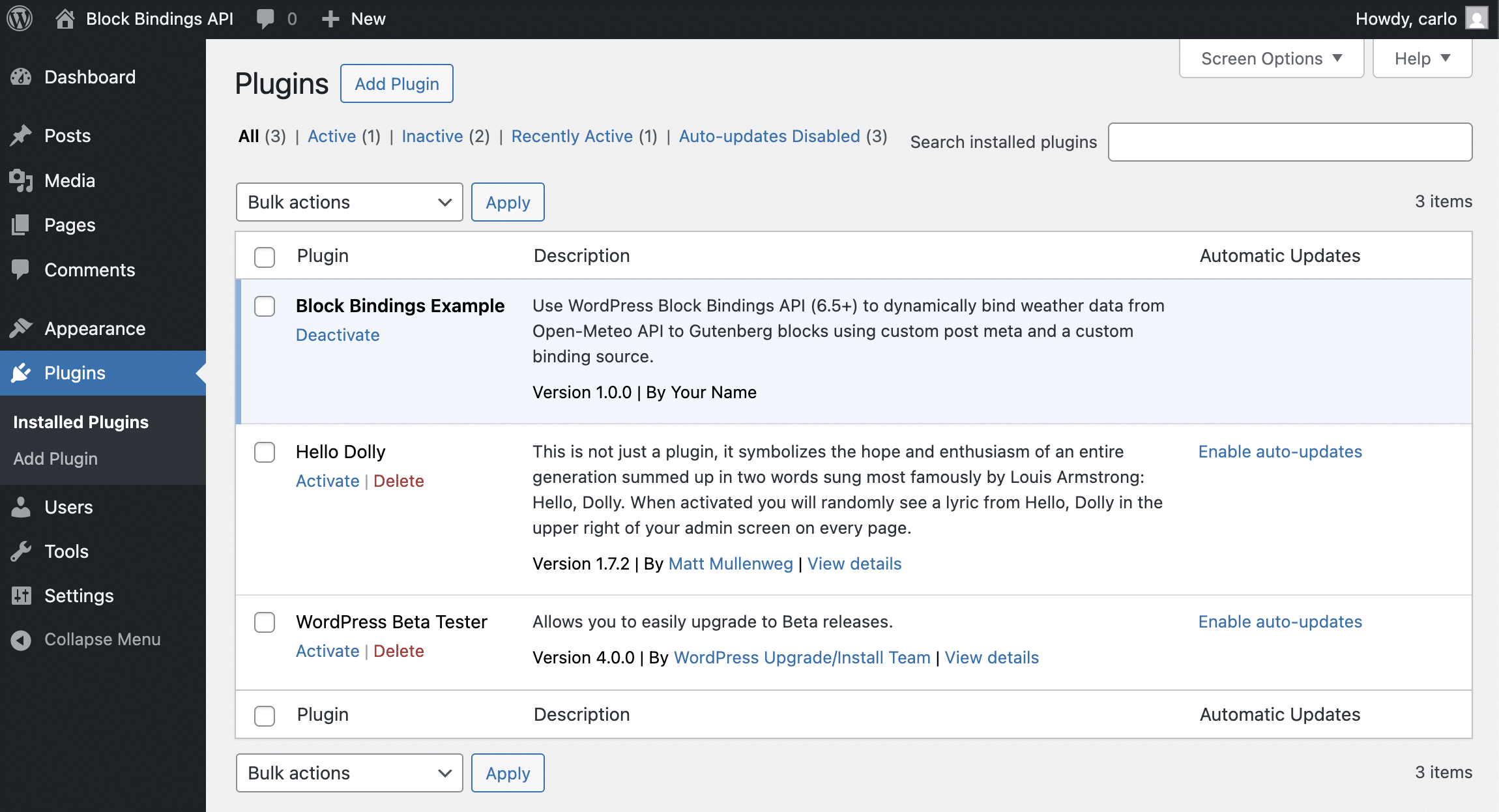 Plugins screen