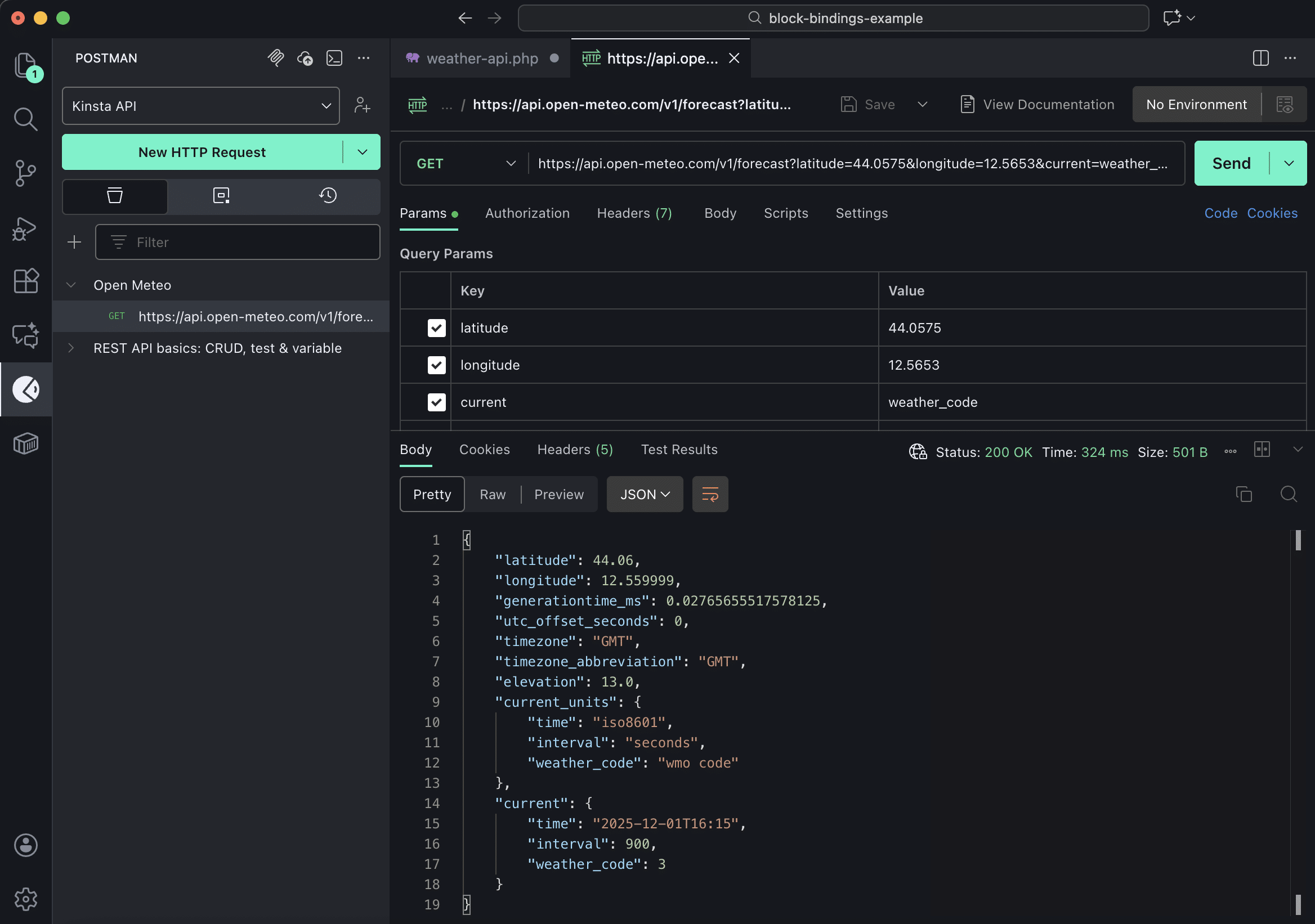 Open-Meteo response in Postman for Visual Studio Code