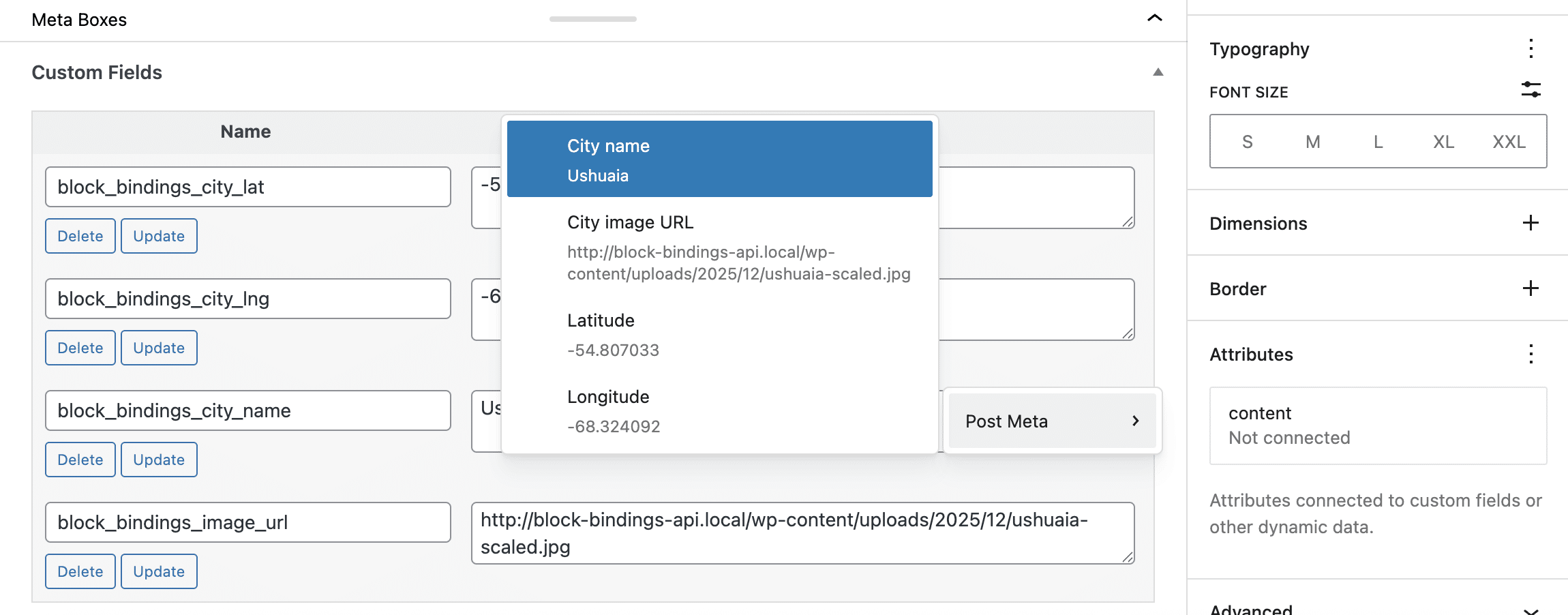 A screenshot of the Block Bindings UI