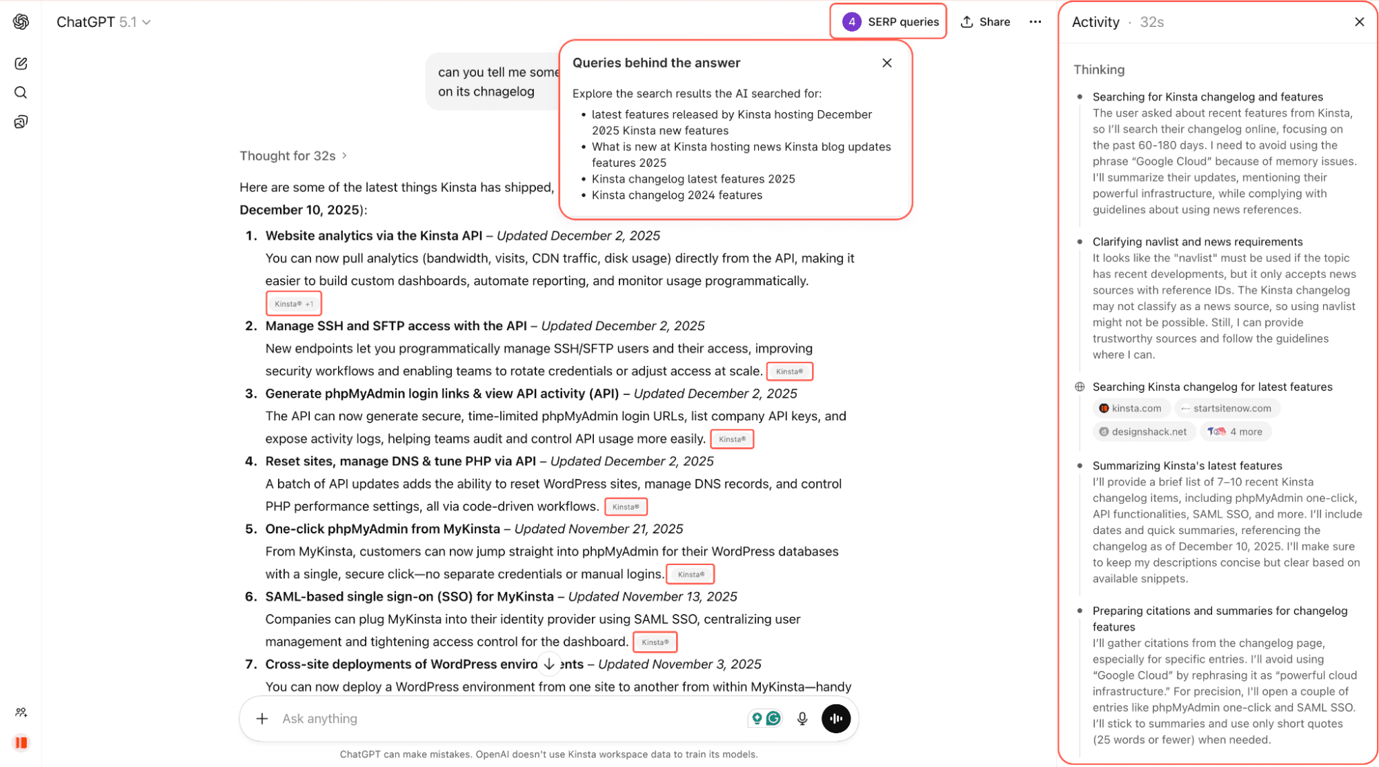ChatGPT resume las últimas funcionalidades de Kinsta con enlaces a las páginas originales.