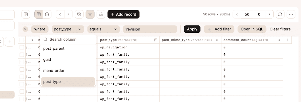 wp_postsフィルターを使ってリビジョンの投稿タイプのみを表示し、さまざまなカラムで異なるデータベースのメタデータを表示