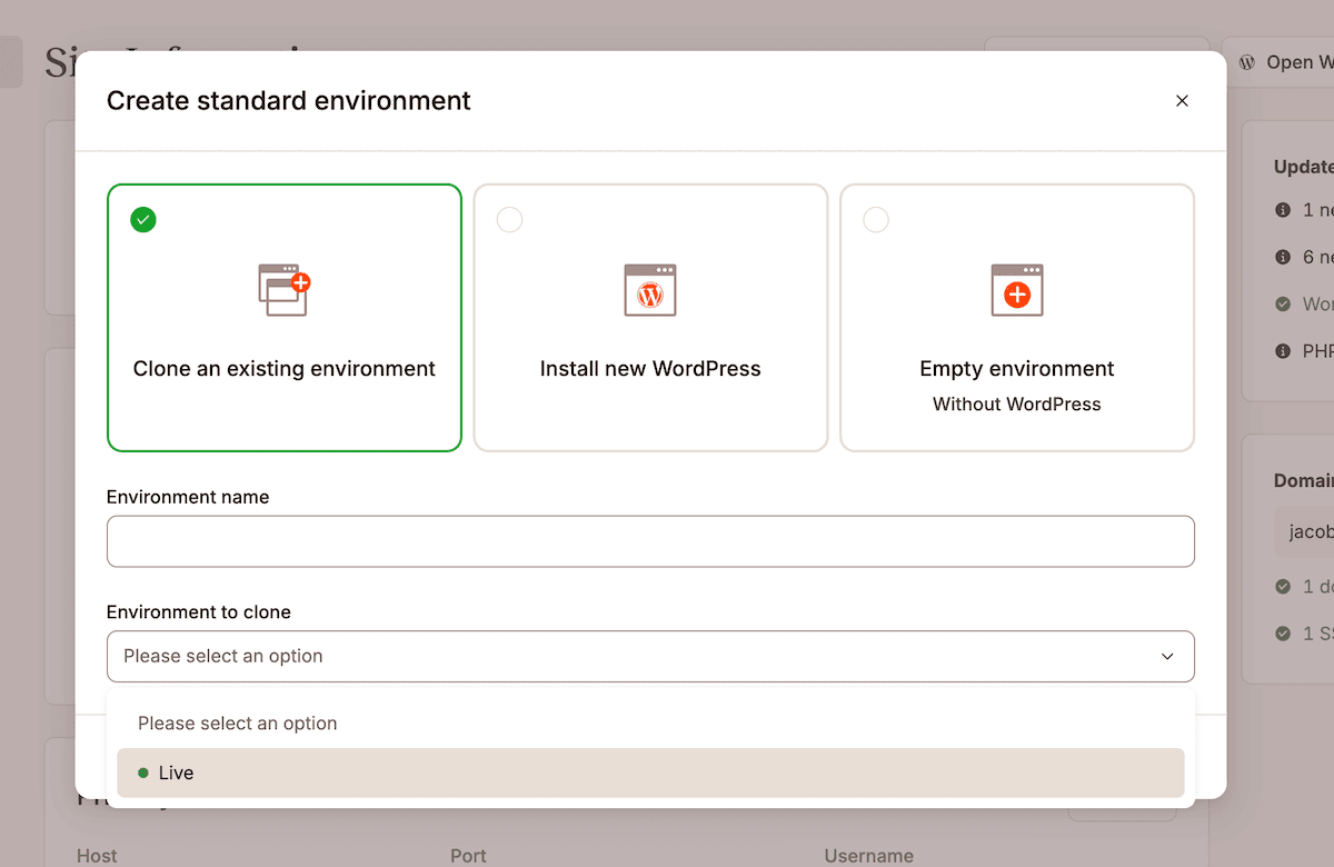 Der Bildschirm MyKinsta-Umgebungen zeigt die Optionen zum Erstellen einer neuen Staging-Umgebung.