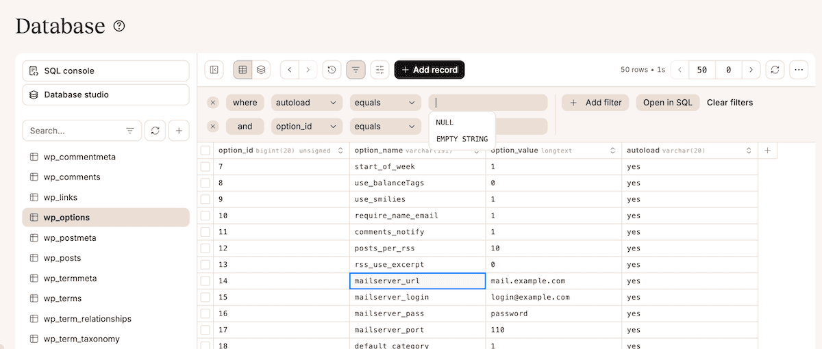 Eine Instanz von Database Studio mit Filtern, die für eine Datenbanktabelle gesetzt wurden.