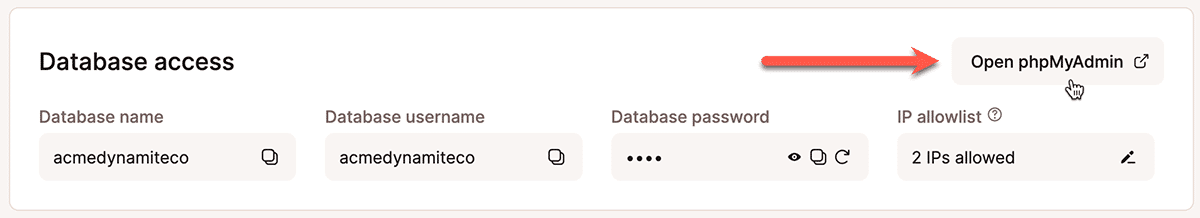 One-click phpMyAdmin database access in MyKinsta.