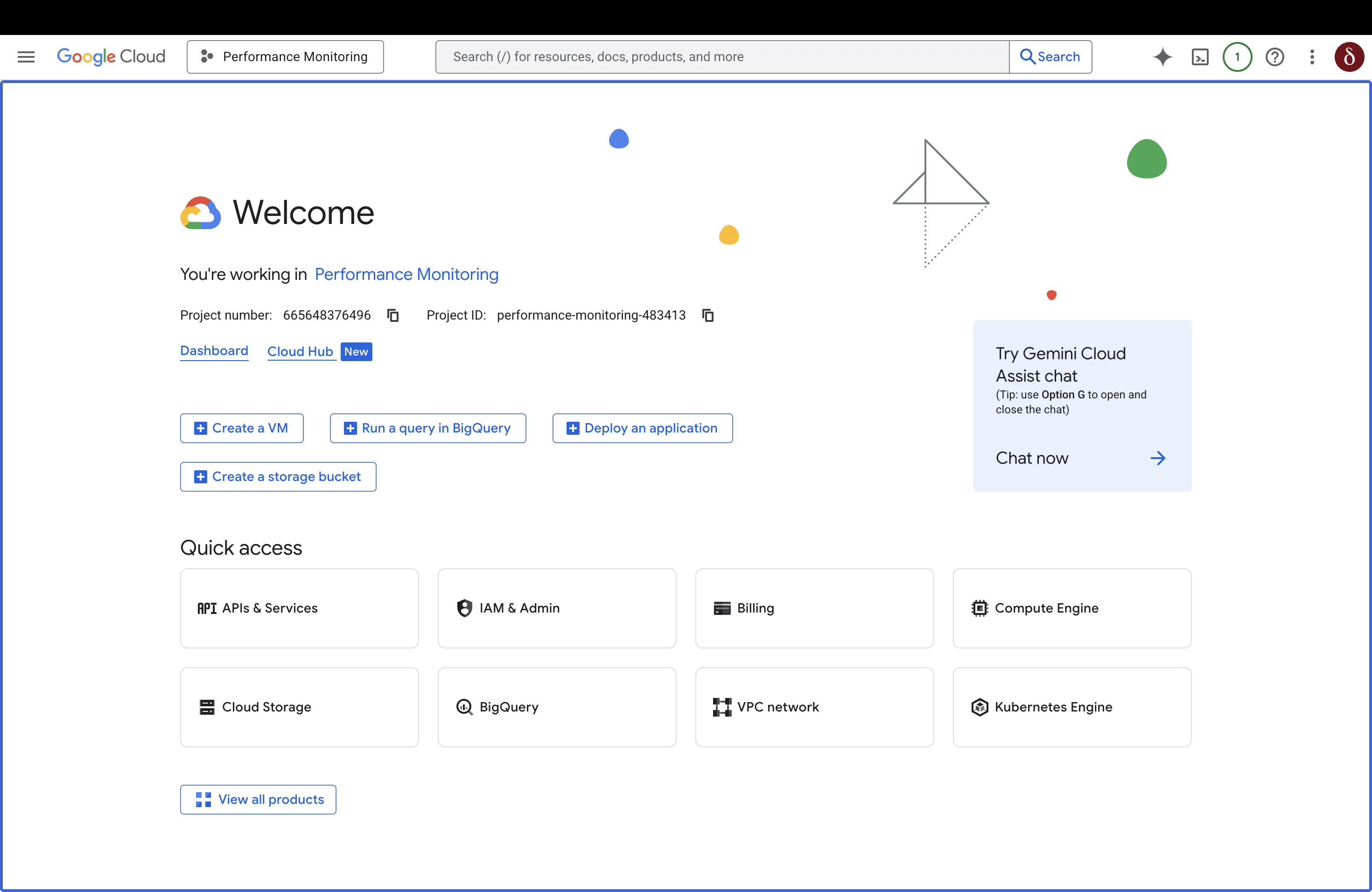 Die Seite des Performance Monitoring-Projekts in der Google Cloud-Konsole