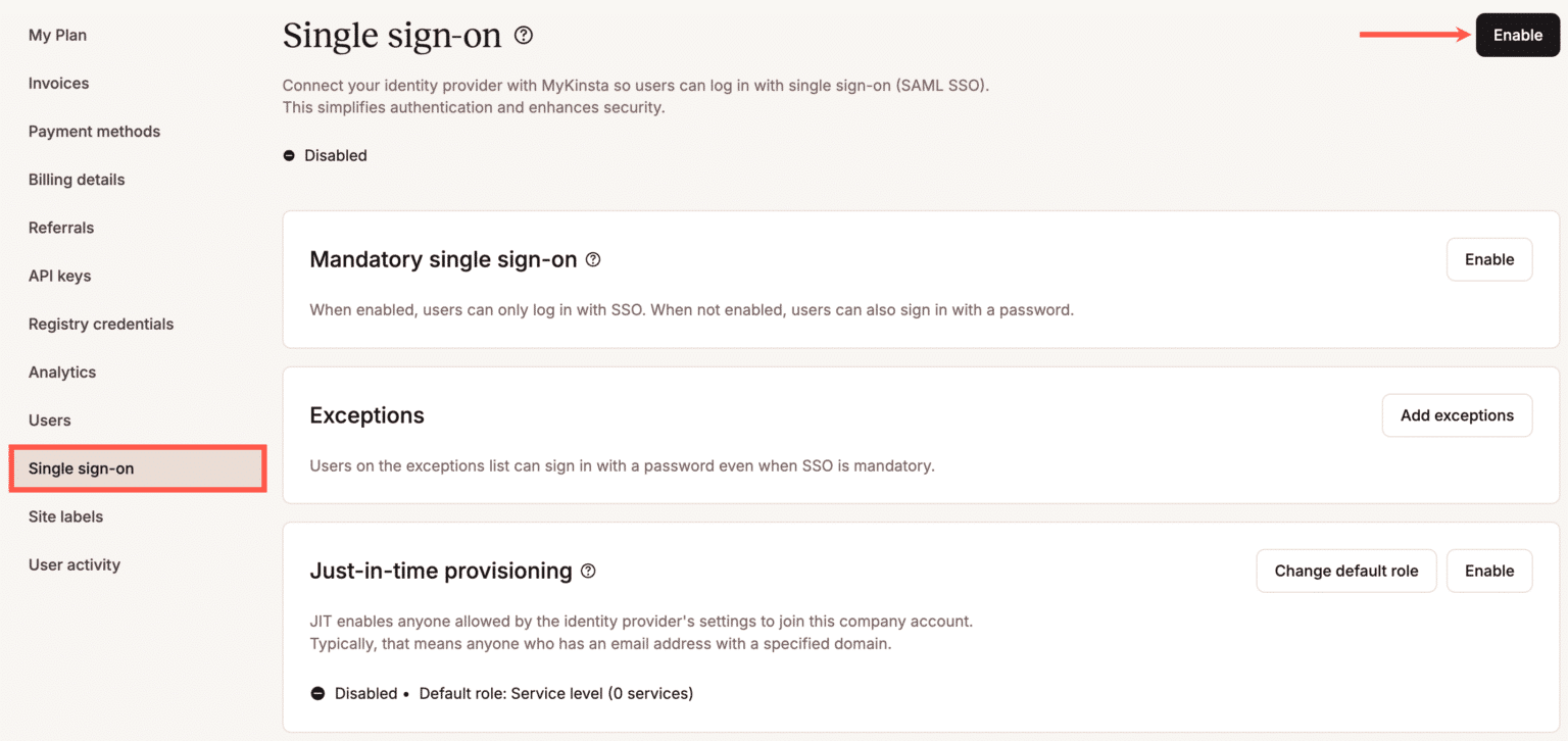 Kinsta single sign-on (SSO) integration.