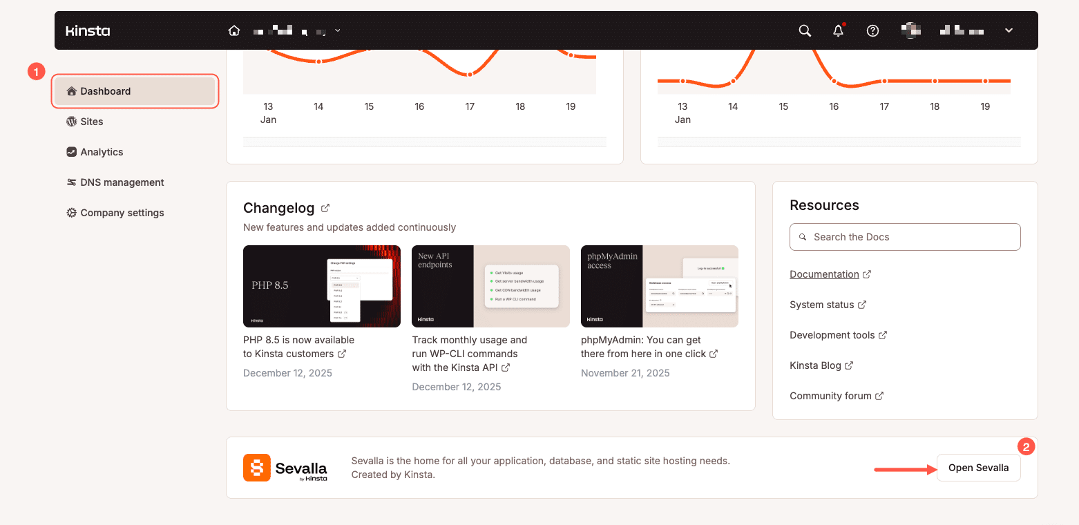 MyKinsta dashboard met een snelle link naar Sevalla.
