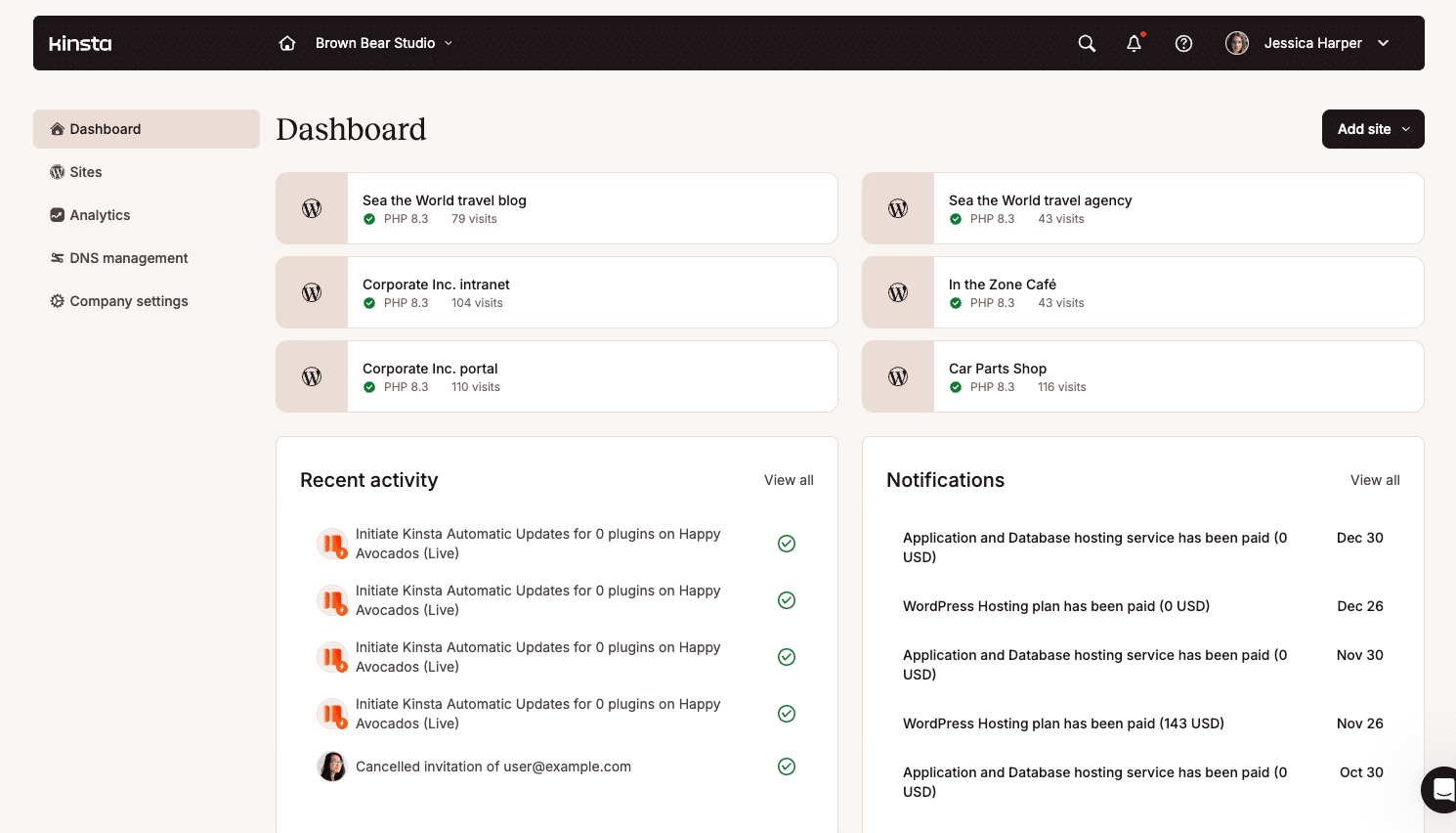 Het MyKinsta dashboard toont een overzicht van je sites, verbruik en accountactiviteit.