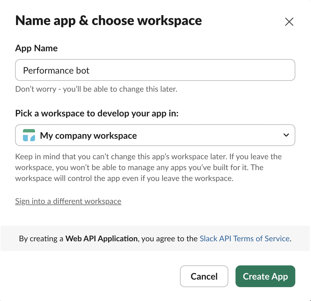 App-Name wählen und einen Arbeitsbereich auswählen