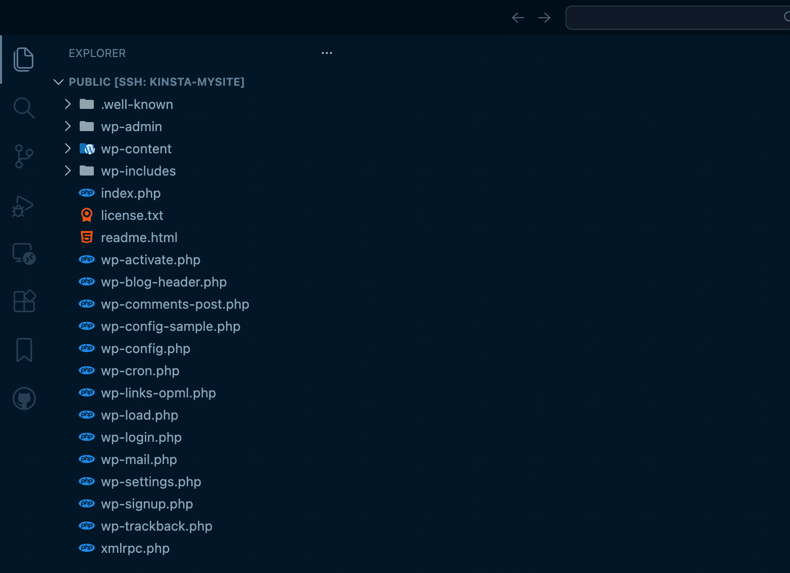 Arquivos remotos de um servidor WordPress acessados via SSH.