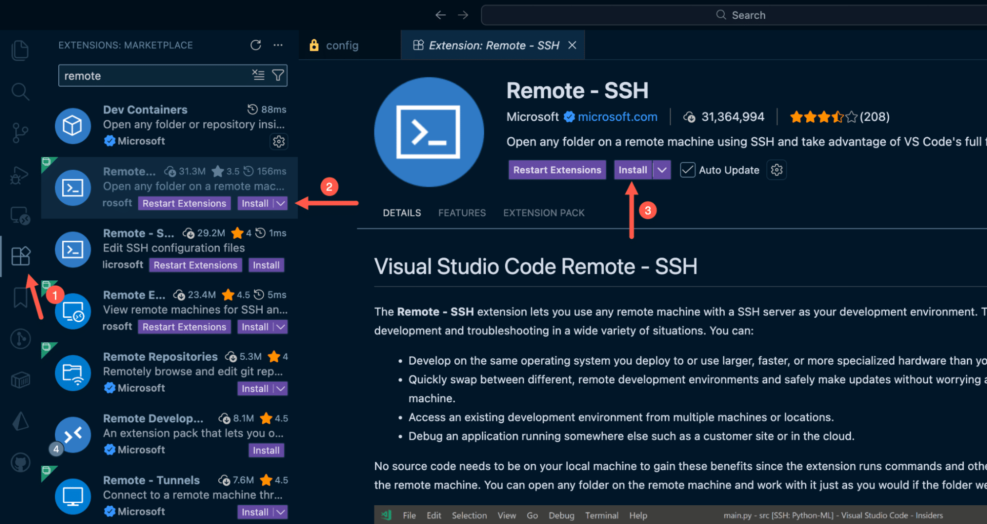 Interface de extensão SSH remota mostrando opções de conexão.