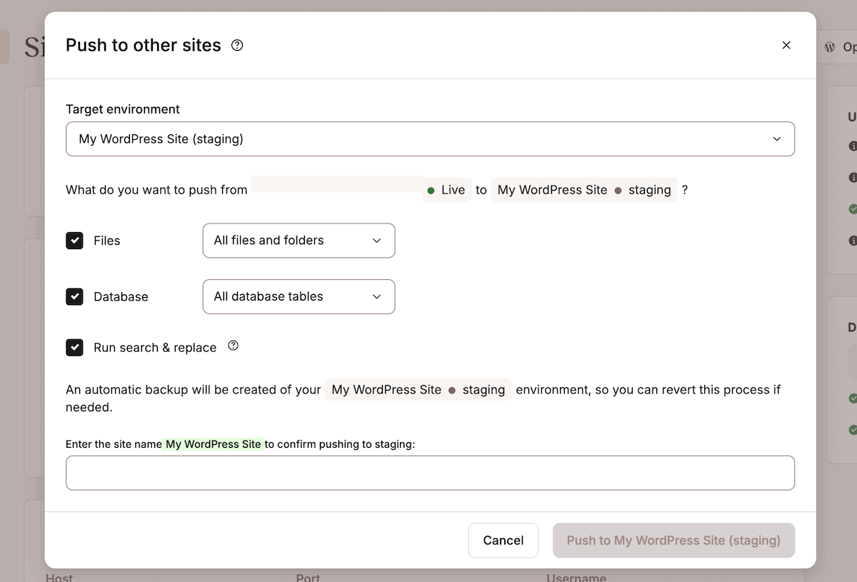 Die MyKinsta Push to Live-Oberfläche mit Optionen zum Übertragen von Dateien, der Datenbank oder zum Ausführen einer Such- und Ersetzungsfunktion für eine Umgebung.