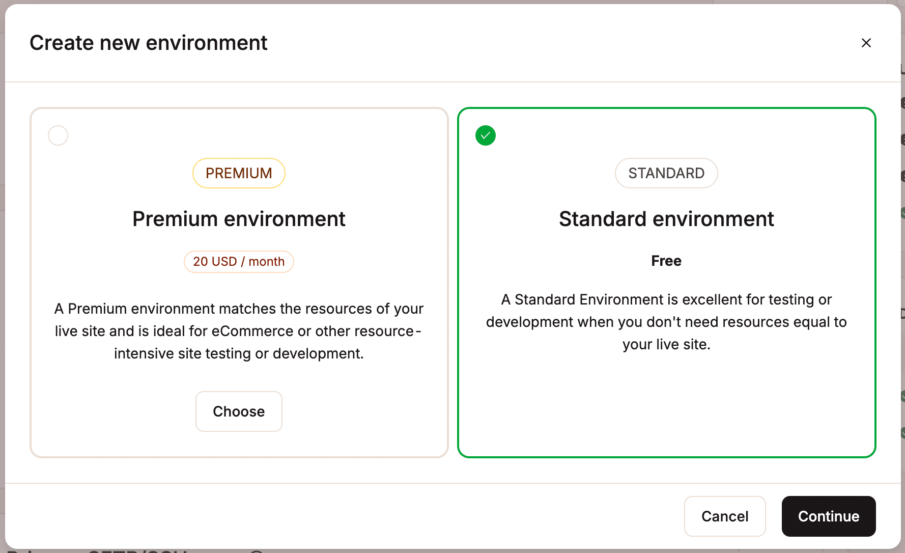 Screenshot of a Premium environment selection in MyKinsta.