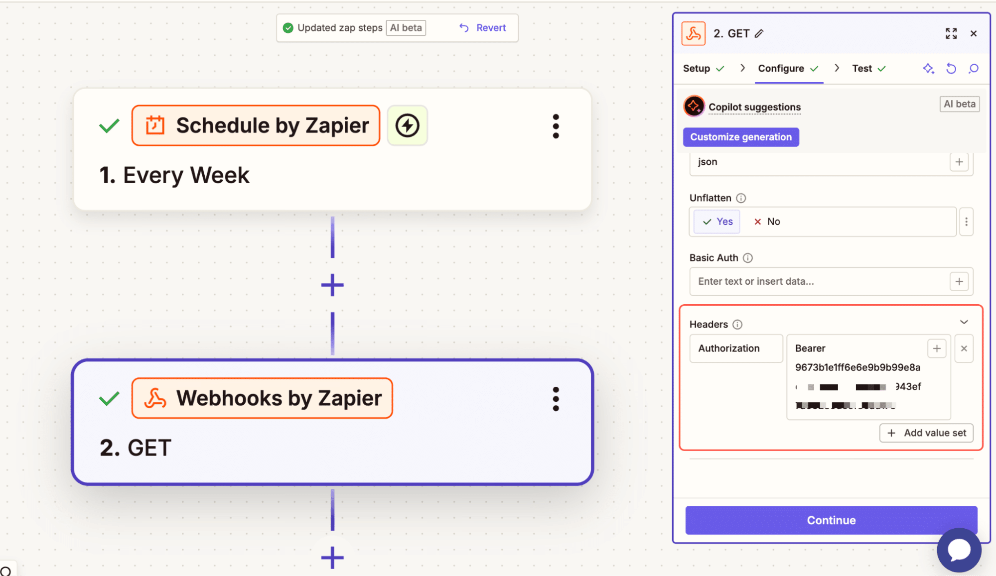 Authenticatiesleutel toevoegen in Zap workflow.