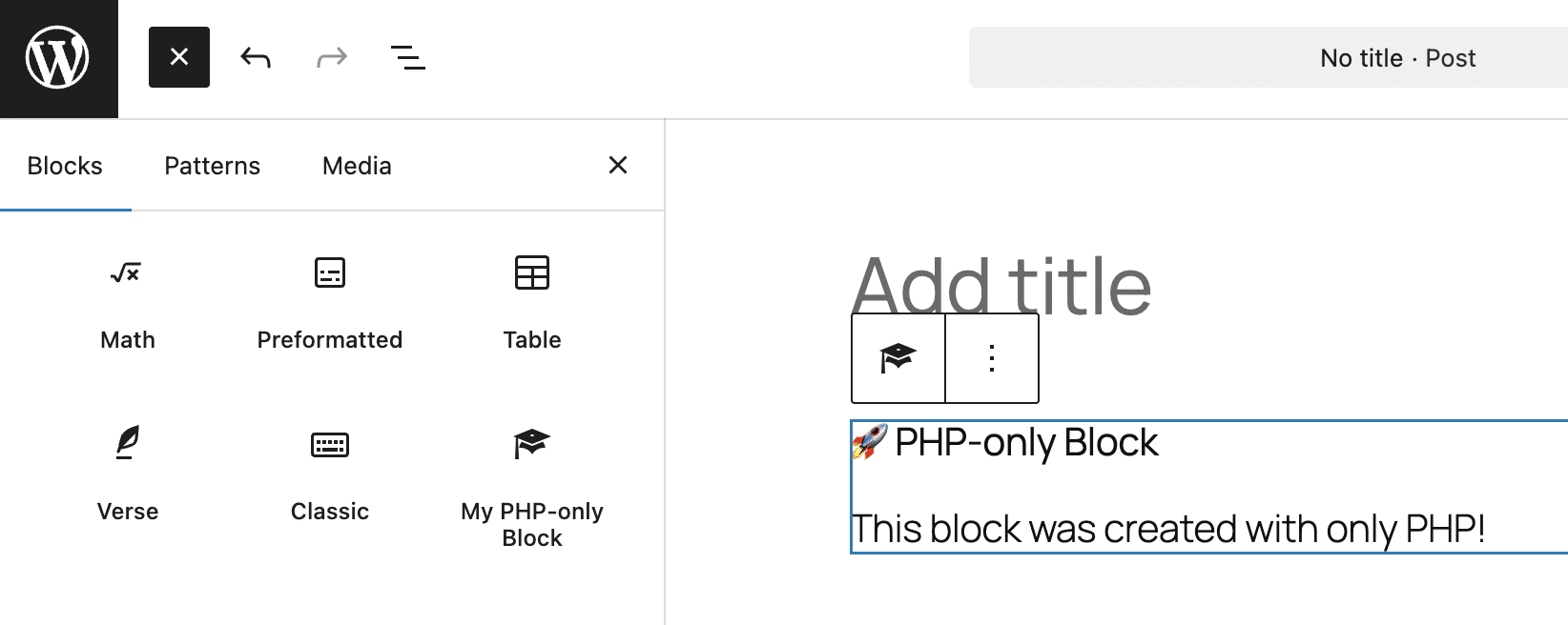Un semplice blocco PHP-only nell'editor a blocchi