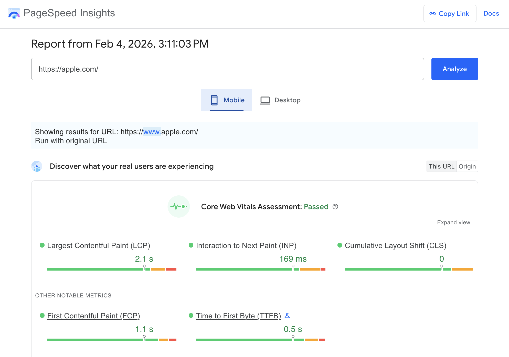 Bewertung der Core Web Vitals in PageSpeed Insights