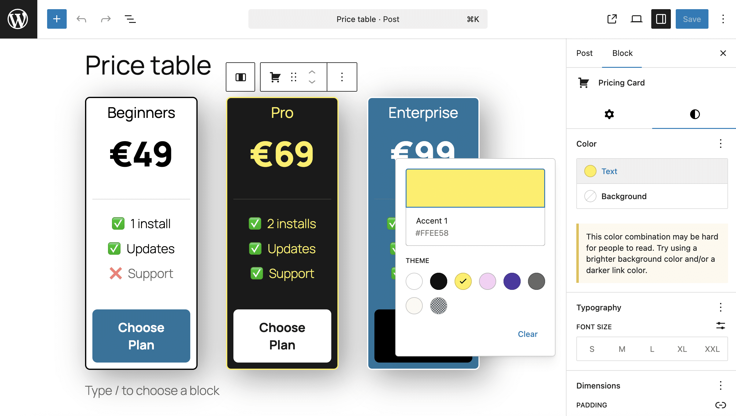 A price table for 3 service levels with three instances of your PHP-only block